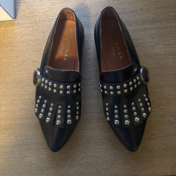 JONAK Paris Women's Black Leather‎ Studded Fringe Loafer Flats Size 36 - Picture 2 of 7